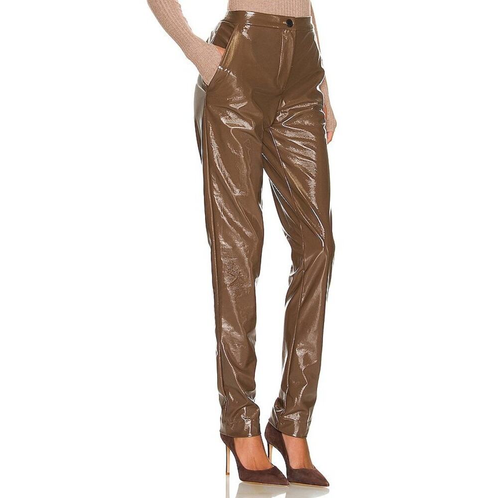 ALIX NYC NWT Loring Pants Faux Patent Leather Size 6 Mid Rise Acorn Brown